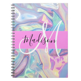 Girly Rosa Holografik Iridescent Monogram Namn Anteckningsbok