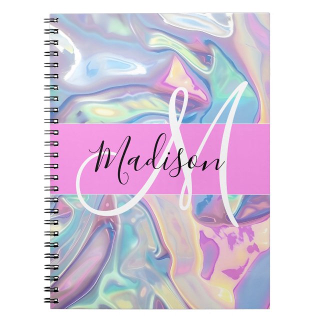 Girly Rosa Holografik Iridescent Monogram Namn Anteckningsbok (Framsidan)