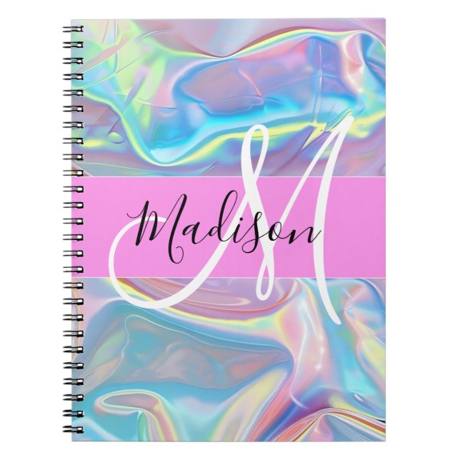 Girly Rosa Holografik Iridescent Monogram Namn Anteckningsbok (Framsidan)