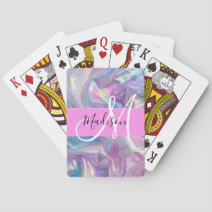 Girly Rosa Holografik Iridescent Monogram Namn Casinokort