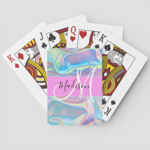 Girly Rosa Holografik Iridescent Monogram Namn Casinokort