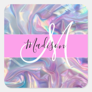 Girly Rosa Holografik Iridescent Monogram Namn Fyrkantigt Klistermärke