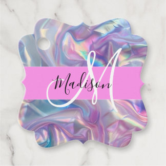Girly Rosa Holografik Iridescent Monogram Namn Gåvor Etiketter