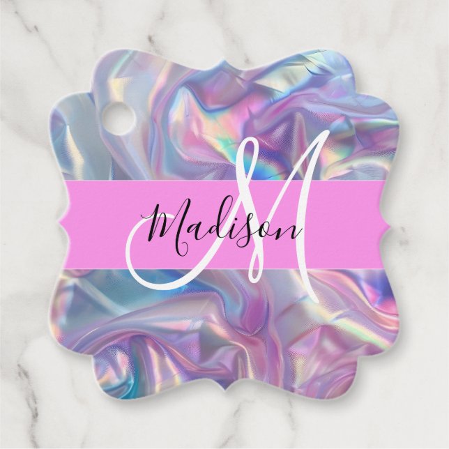 Girly Rosa Holografik Iridescent Monogram Namn Gåvor Etiketter (Framsida)