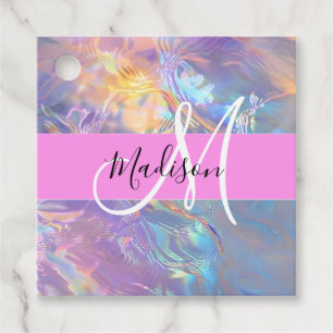 Girly Rosa Holografik Iridescent Monogram Namn Gåvor Etiketter