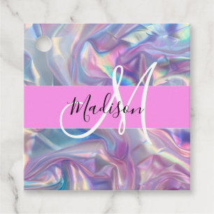Girly Rosa Holografik Iridescent Monogram Namn Gåvor Etiketter