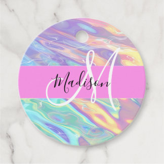 Girly Rosa Holografik Iridescent Monogram Namn Gåvor Etiketter
