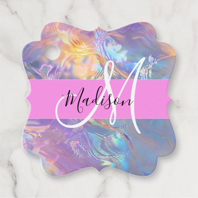 Girly Rosa Holografik Iridescent Monogram Namn Gåvor Etiketter (Framsida)
