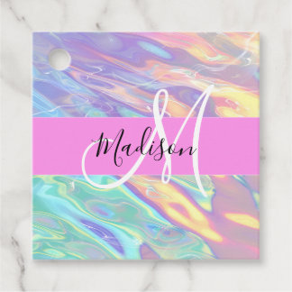Girly Rosa Holografik Iridescent Monogram Namn Gåvor Etiketter