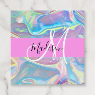 Girly Rosa Holografik Iridescent Monogram Namn Gåvor Etiketter