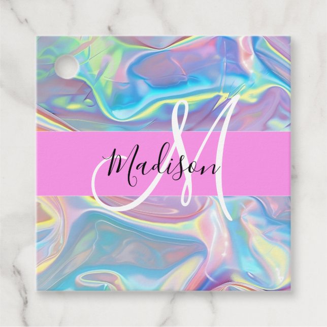 Girly Rosa Holografik Iridescent Monogram Namn Gåvor Etiketter (Framsida)