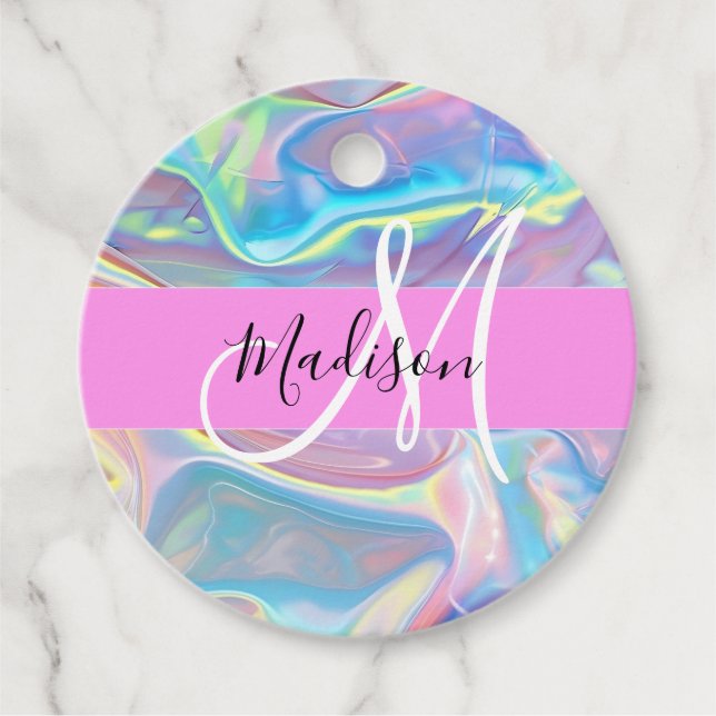 Girly Rosa Holografik Iridescent Monogram Namn Gåvor Etiketter (Framsida)