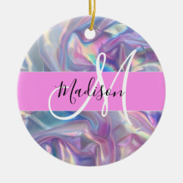 Girly Rosa Holografik Iridescent Monogram Namn Julgransprydnad Keramik