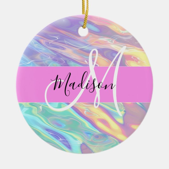 Girly Rosa Holografik Iridescent Monogram Namn Julgransprydnad Keramik (Framsidan)