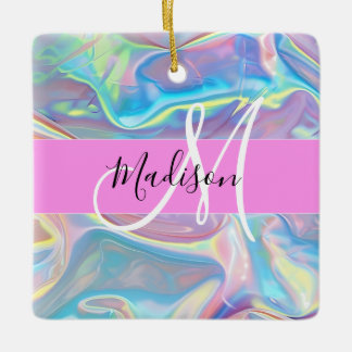 Girly Rosa Holografik Iridescent Monogram Namn Julgransprydnad Keramik