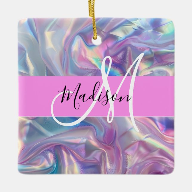 Girly Rosa Holografik Iridescent Monogram Namn Julgransprydnad Keramik (Framsida)
