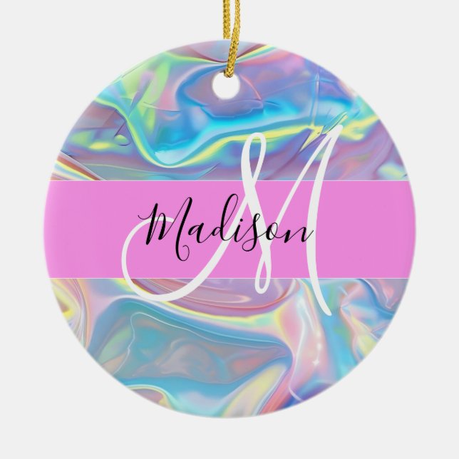 Girly Rosa Holografik Iridescent Monogram Namn Julgransprydnad Keramik (Framsidan)