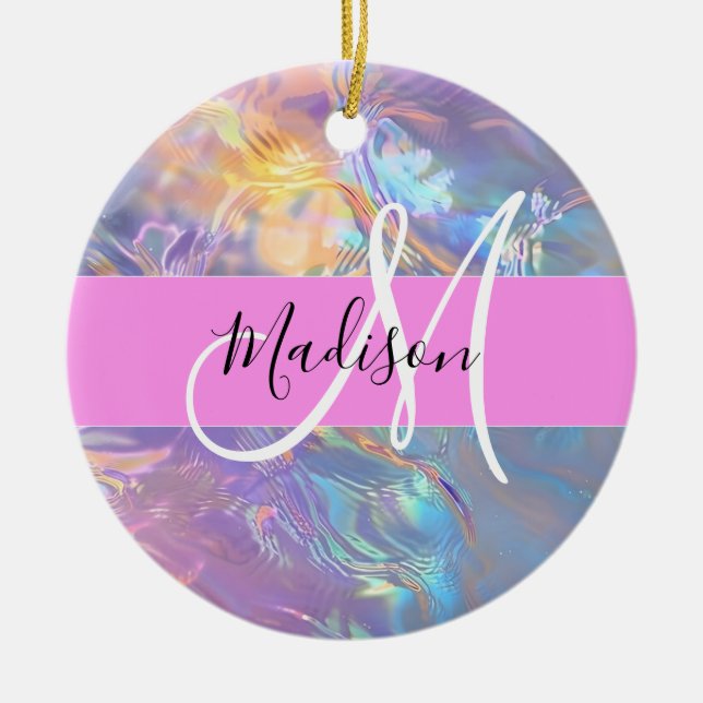 Girly Rosa Holografik Iridescent Monogram Namn Julgransprydnad Keramik (Framsidan)
