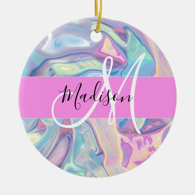 Girly Rosa Holografik Iridescent Monogram Namn Julgransprydnad Keramik (Framsidan)