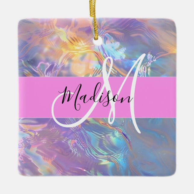 Girly Rosa Holografik Iridescent Monogram Namn Julgransprydnad Keramik (Framsida)