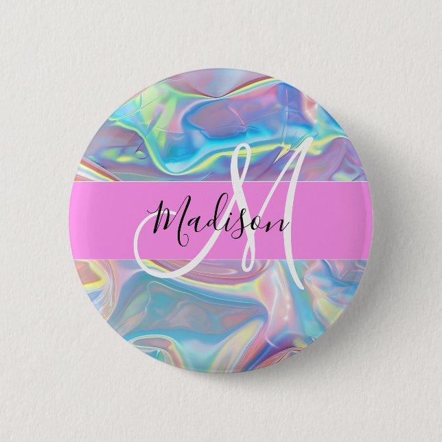 Girly Rosa Holografik Iridescent Monogram Namn Knapp (Framsida)