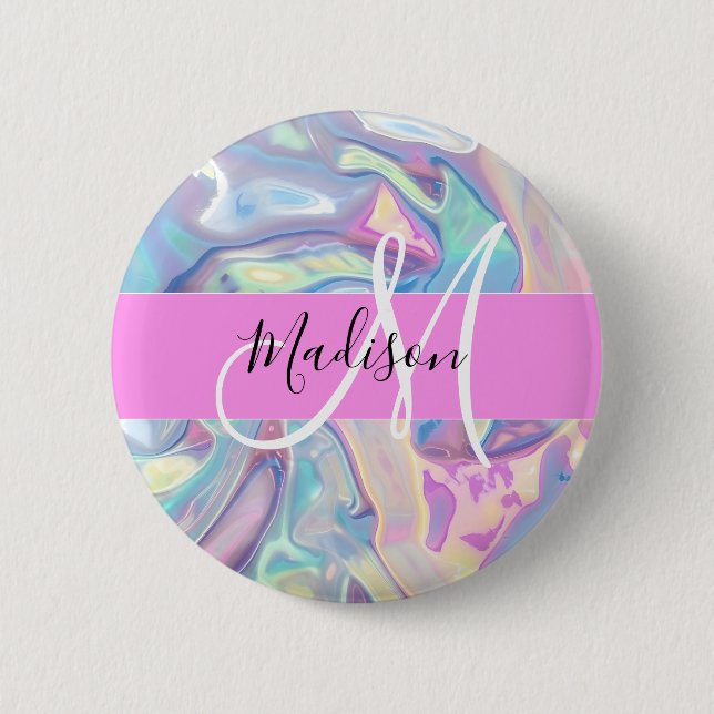 Girly Rosa Holografik Iridescent Monogram Namn Knapp (Framsida)