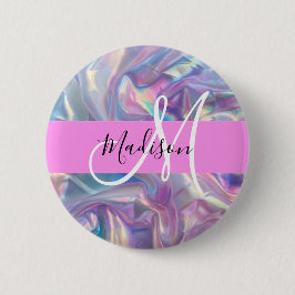 Girly Rosa Holografik Iridescent Monogram Namn Knapp