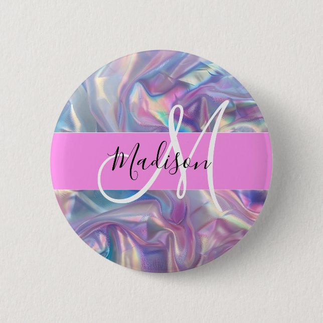 Girly Rosa Holografik Iridescent Monogram Namn Knapp (Framsida)