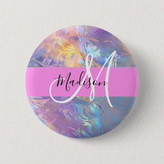 Girly Rosa Holografik Iridescent Monogram Namn Knapp