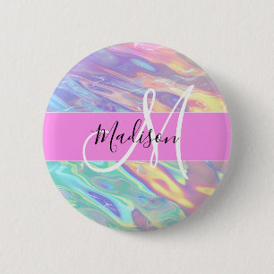 Girly Rosa Holografik Iridescent Monogram Namn Knapp