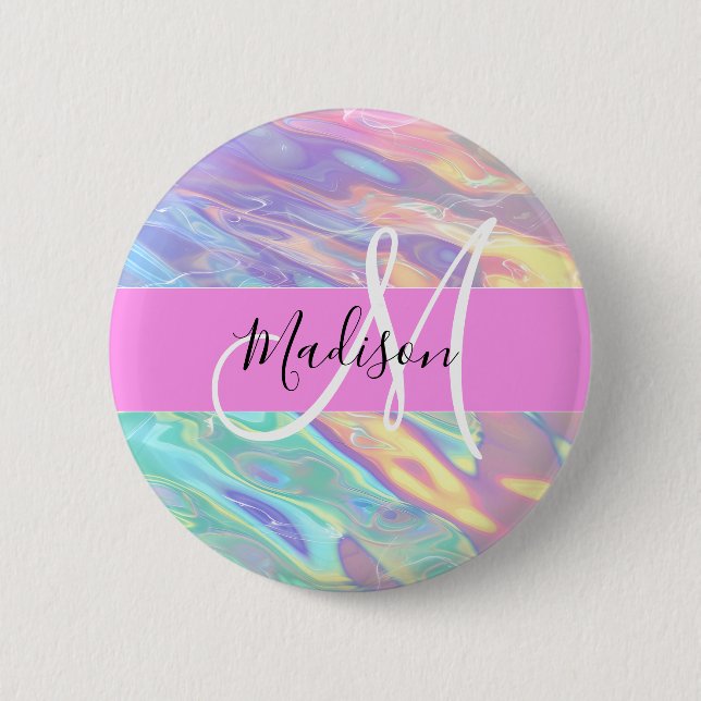 Girly Rosa Holografik Iridescent Monogram Namn Knapp (Framsida)