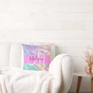 Girly Rosa Holografik Iridescent Monogram Namn Kudde