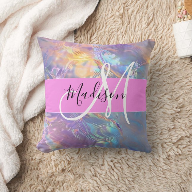 Girly Rosa Holografik Iridescent Monogram Namn Kudde (Filt)