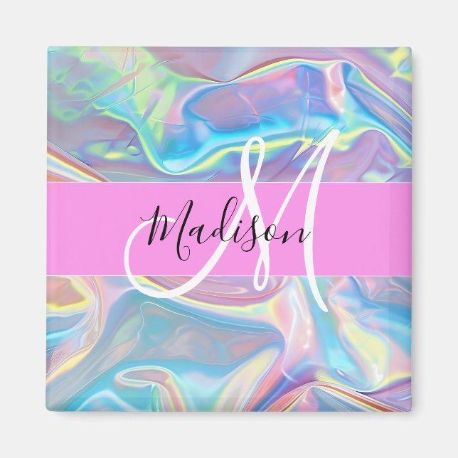 Girly Rosa Holografik Iridescent Monogram Namn Magnet (Framsidan)