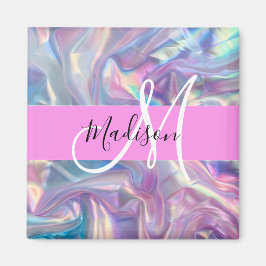 Girly Rosa Holografik Iridescent Monogram Namn Magnet