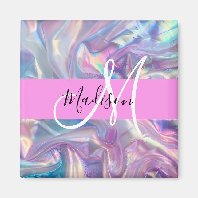 Girly Rosa Holografik Iridescent Monogram Namn Magnet (Framsidan)