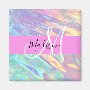 Girly Rosa Holografik Iridescent Monogram Namn Magnet