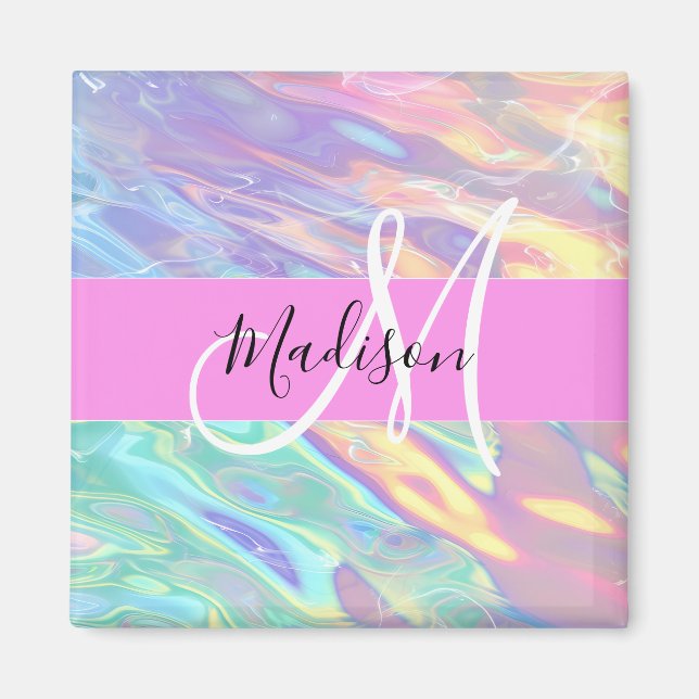 Girly Rosa Holografik Iridescent Monogram Namn Magnet (Framsidan)
