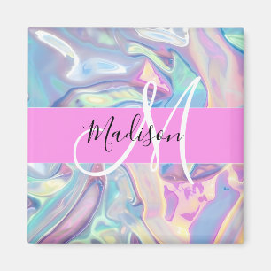 Girly Rosa Holografik Iridescent Monogram Namn Magnet