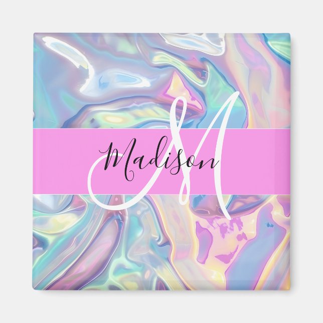 Girly Rosa Holografik Iridescent Monogram Namn Magnet (Framsidan)