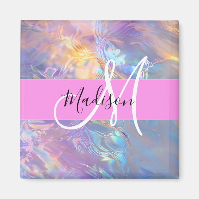 Girly Rosa Holografik Iridescent Monogram Namn Magnet (Framsidan)