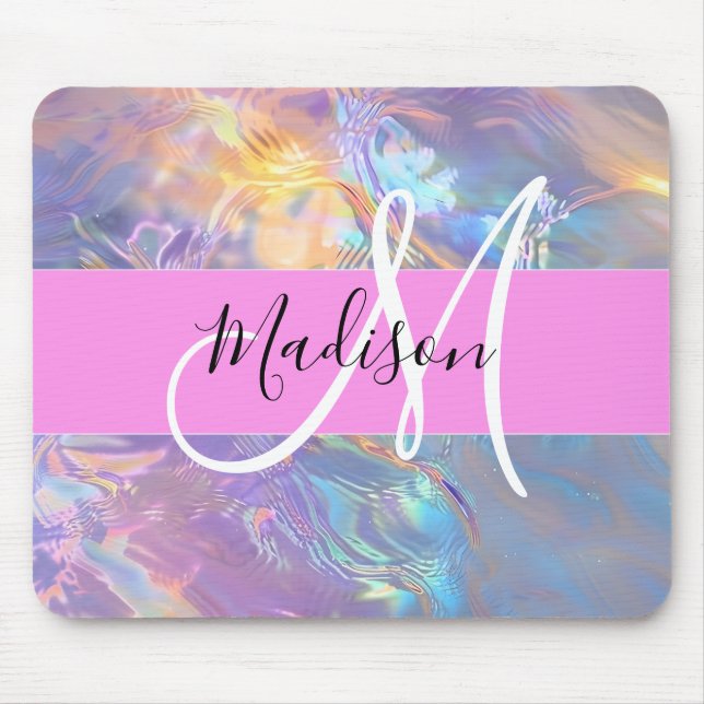 Girly Rosa Holografik Iridescent Monogram Namn Musmatta (Framsidan)