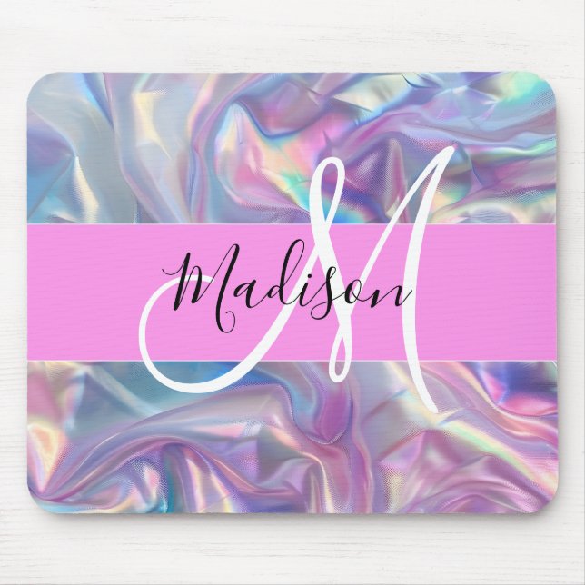 Girly Rosa Holografik Iridescent Monogram Namn Musmatta (Framsidan)