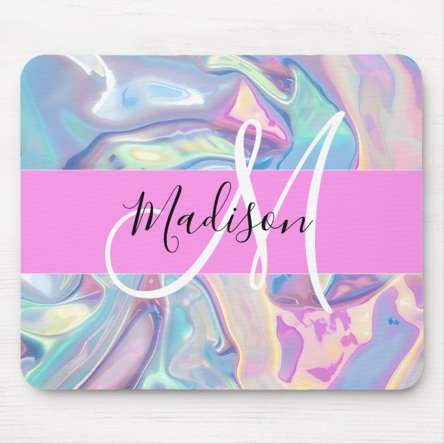Girly Rosa Holografik Iridescent Monogram Namn Musmatta (Framsidan)