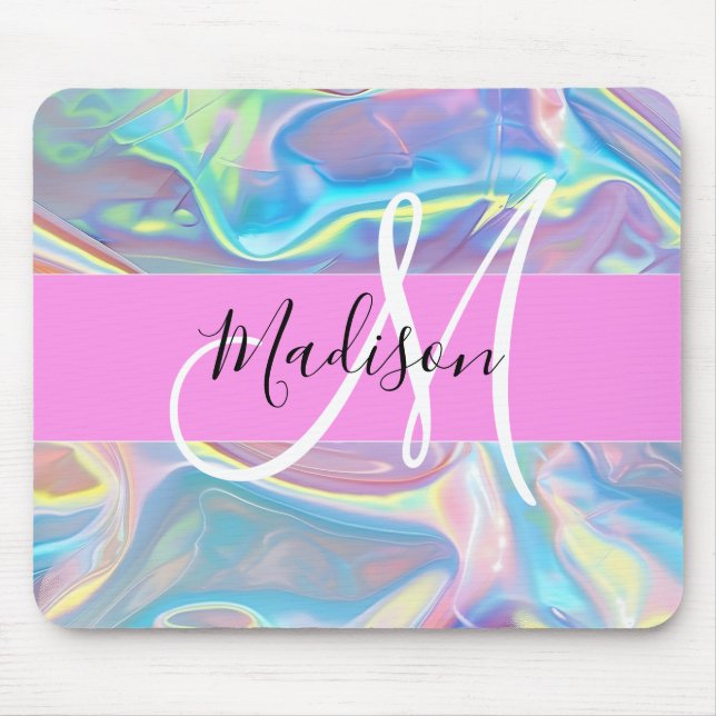 Girly Rosa Holografik Iridescent Monogram Namn Musmatta (Framsidan)
