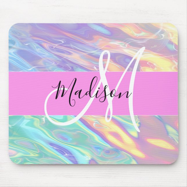 Girly Rosa Holografik Iridescent Monogram Namn Musmatta (Framsidan)