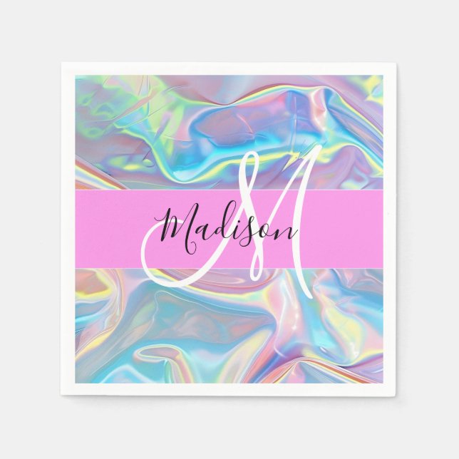 Girly Rosa Holografik Iridescent Monogram Namn Pappersservett (Framsidan)