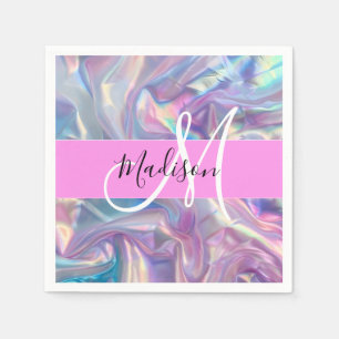 Girly Rosa Holografik Iridescent Monogram Namn Pappersservett