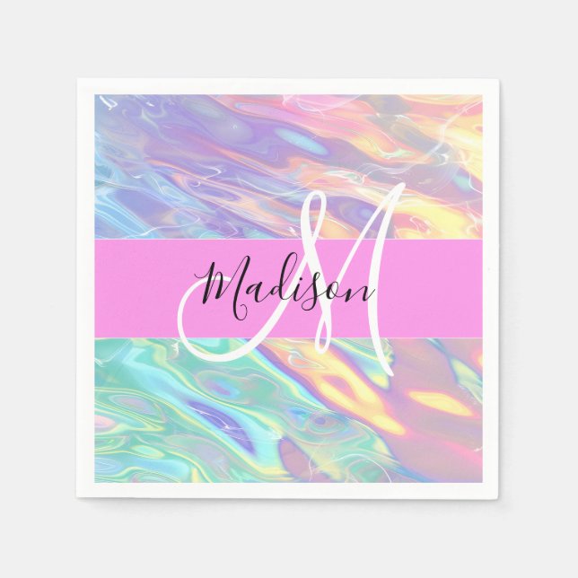 Girly Rosa Holografik Iridescent Monogram Namn Pappersservett (Framsidan)