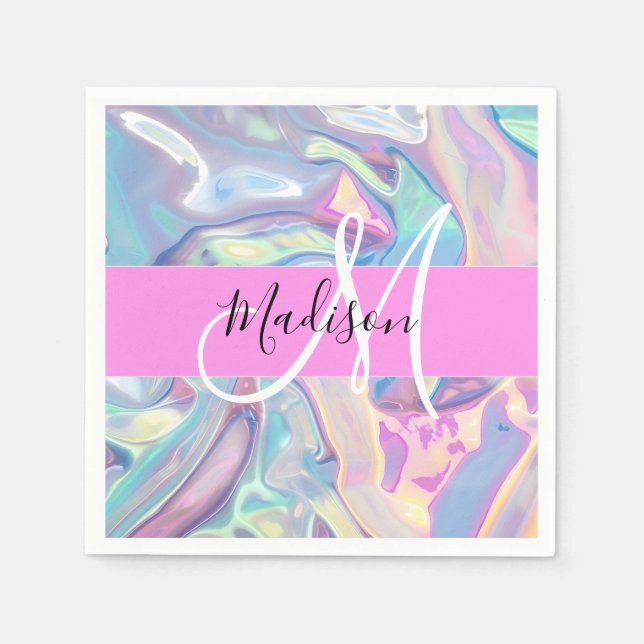 Girly Rosa Holografik Iridescent Monogram Namn Pappersservett (Framsidan)